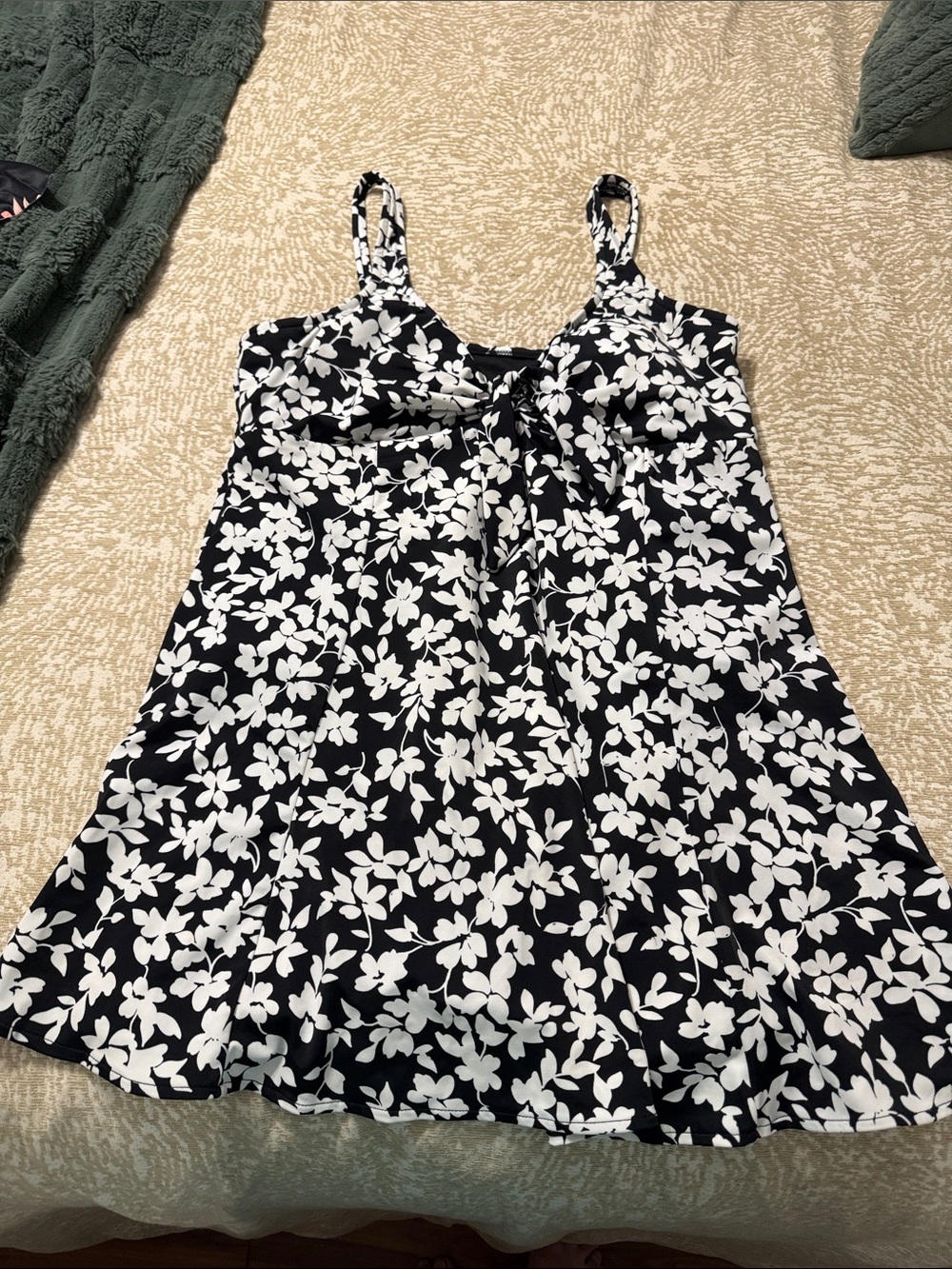 croft & barrow Black and White Floral Swim Dress with Tie Front
